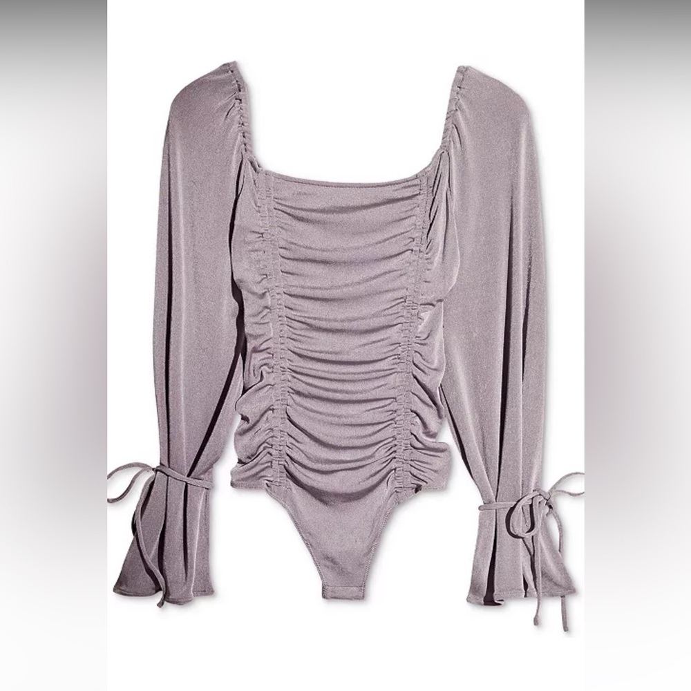 NWT Free People Meant To Be Bodysuit Silver Mauve Ruched Bell Sleeve Size Medium